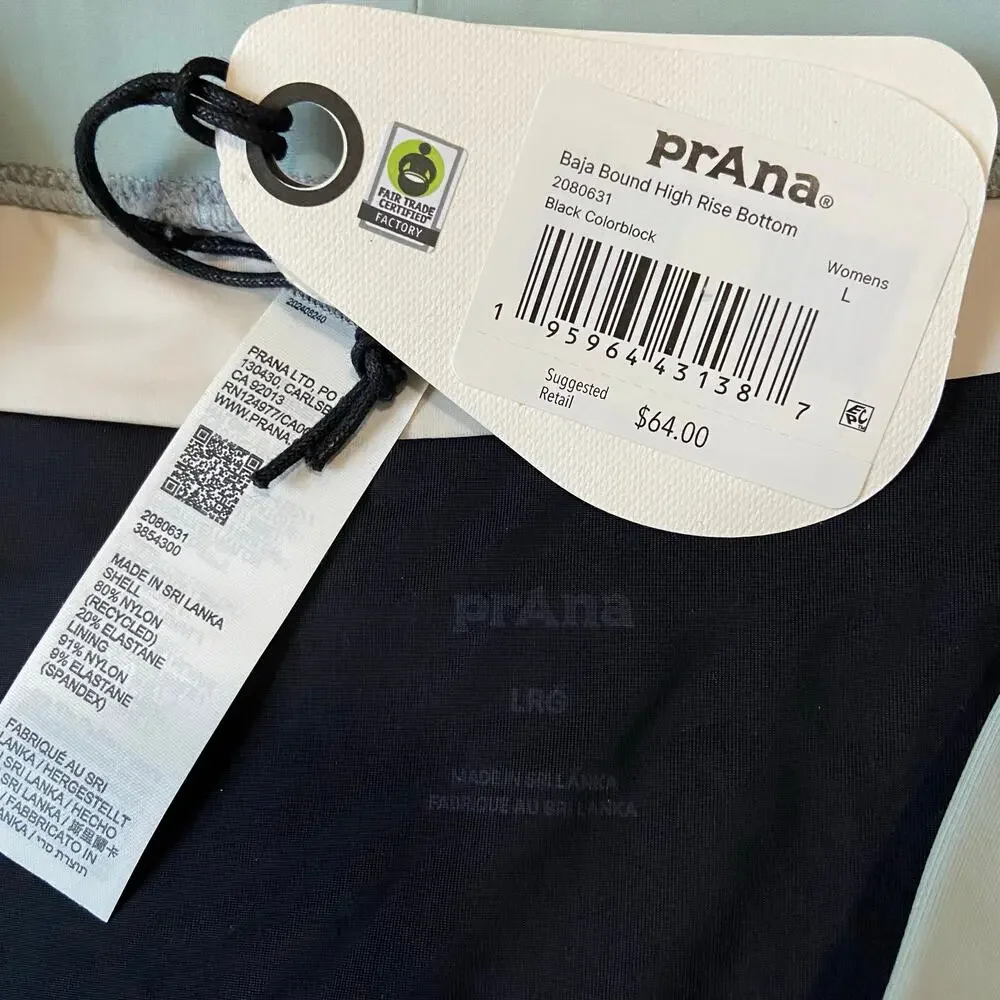 Prana Baja Bound High Rise Swim Bottom Womens L Black Colorblock Quick Dry Brief